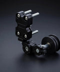 Badass Motorcycle Chain Adjuster With Rear Axle Alignment Tool, Anodized Aluminum Alloy Tensioner For Garage Built Bike Maintenance And Road Ready Performance, side view of black anodized adjuster.