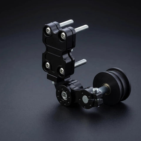 Heavy Duty Machined Motorcycle Chain Adjuster Bracket With Smooth Roller Wheels And Lockdown Fasteners For Zero Play Bike Tensioning In Every Garage Build Blue, close-up view
