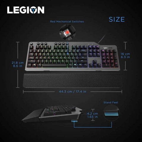 Full Size Mechanical Gaming Keyboard Featuring Top Tier Rgb Lighting And Snappy Red Switches with size dimensions displayed.
