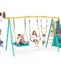 Heavy Duty Backyard Swing Set For Kids With 2 Swings, Climbing Ladder And Nets, Trapeze Bar, Soccer Goals And Basketball Hoop, Up To 660 Lbs, 7 In 1 Outdoor Playset For Ages 3 To 12, Built Tough Metal Frame, children playing
