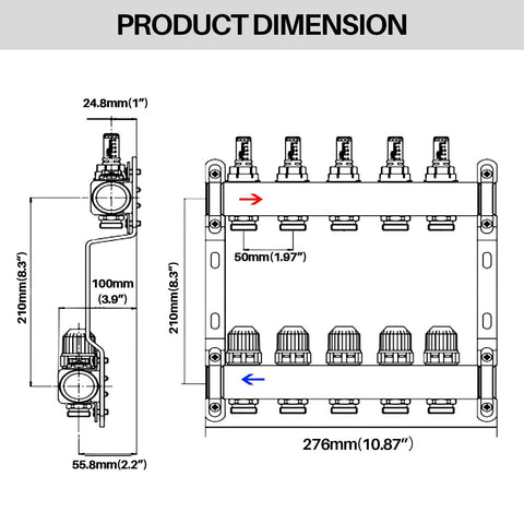 Dimensions of Five-Branch Radiant Heat Manifold in Stainless Steel for Hydronic Floor Heating with PEX Outlet Compatibility.