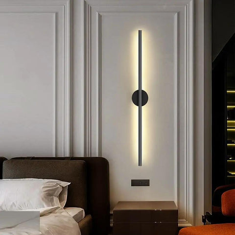 DFEDHF Minimalist Black Linear Wall Sconce - Slim LED Stick Light Fixture for Indoor Use, modern long strip mounted in a bedroom.
