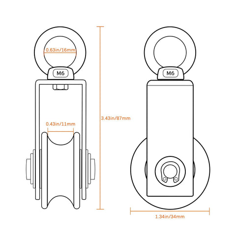 Stainless Steel Cable Pulley Wheel With Dual Bearings For Smooth Rope Handling, 360 Degree Rotation, Fits 11mm Ropes, Heavy Duty Gear For Gym Pulleys And Clotheslines, Built Tough, 4 Pack dimensioned front and side view with M6 ring