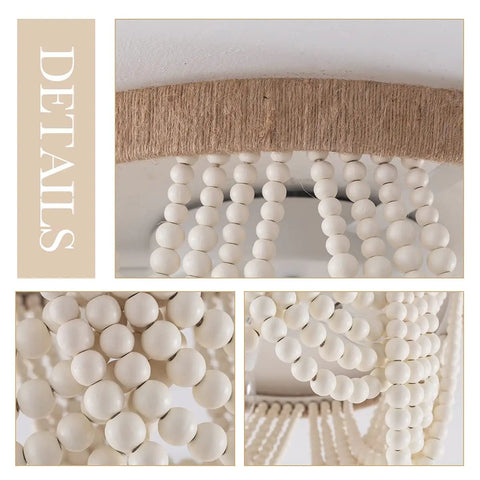 Close-up of Boho Bohemia Wood Beaded Flush Mount Ceiling Light Three Light Fixture With White Finish, showcasing white beads and texture.