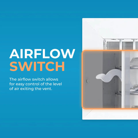 Close-up of airflow switch on No Hassle Duct Opening Heater Vent Deflector Wall Grille With Adjustable Front Blades White Premium Rustproof Register Vent Cover For 20x6 Inch Openings Overall Size 21-5/8x7-5/8 Inch Durable Home Vent Grill.