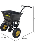 Pro Grade Walk Behind Broadcast Spreader For All Season Lawn Care And Commercial And Residential Use With 100Lb Hopper And 13 Inch All Terrain Pneumatic Tires Enclosed Gearbox Grate Cover Spreads Seed Fertilizer Salt And Snow Melt Across Large Areas, shown in black with measurement details.