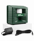 Yard Sentinel Ultrasonic Animal Repeller With 5500 Sq Ft Coverage And 24 Hour Motion Sensor, Night Scanner, Dual Ultrasonic And Sonic Alarm Tech To Keep Deer, Raccoon, Bear, Rabbit, Skunk And Fox Away, Includes 10m Extension Cord. Green unit with power adapter.