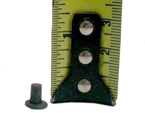 Beefy 5/32 Inch Diameter By 1/4 Inch Flat Head Solid Steel Rivet next to measuring tape showing size for heavy duty permanent fastening.