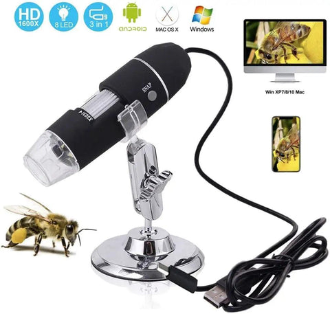 USB Digital Microscope 1600x Magnification With 8 LED Lights And Metal Stand Endoscope Camera For Windows Mac Android Plug And Play Phone Or Computer Compatible Driver Free HD CMOS Sensor, shown with bee inspection