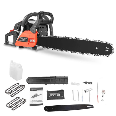 Powerful 62cc Gas Chainsaw With 20 Inch Bar For Real Tough Jobs Like Farm Clearing And Tree Trimming, 3.5 HP 2-Stroke Handheld Beast With Up To 12,000 RPM For Fast, Smooth Cuts displayed with accessories