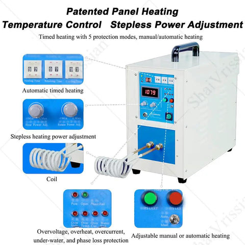 Image of Rock Solid Heavy Duty High Frequency Induction Heater For Metal Heat Treatment And Blacksmithing Projects with control panel and coil.