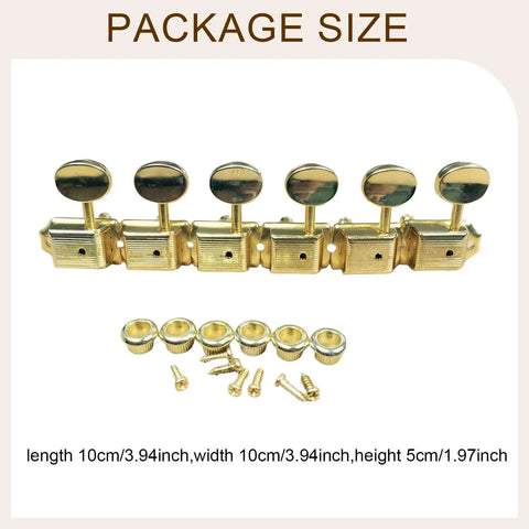 Stunning Gold Electric Guitar Tuning Pegs Set With 6 Right Semi-Enclosed Machine Heads And Premium Keys Plus Installation Hardware for dimensions and details.