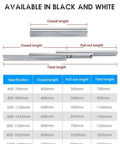 Premium Heavy Duty Full Extension Drawer Slides With Hidden Bottom Mount And Quick Release Latch dimensions table showing sizes and lengths.