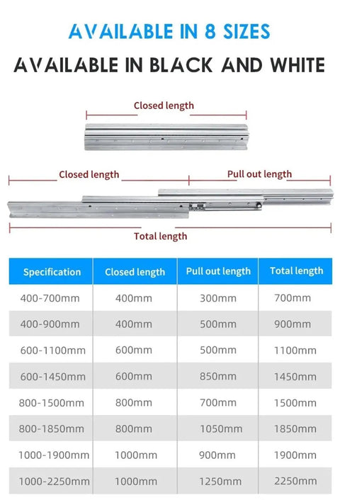 Premium Heavy Duty Full Extension Drawer Slides With Hidden Bottom Mount And Quick Release Latch dimensions table showing sizes and lengths.