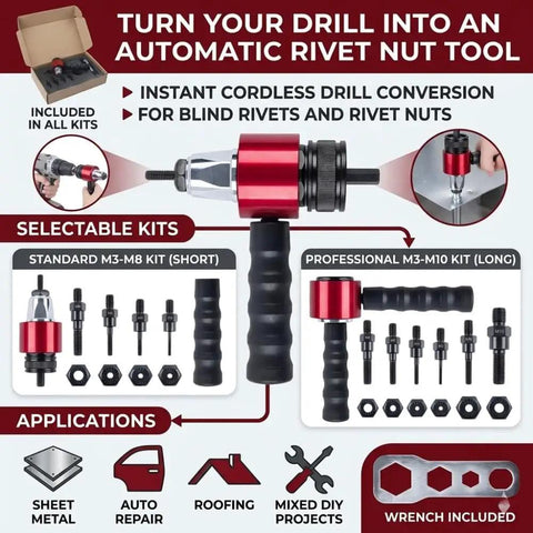 Turn Your Drill Into A Dope Automatic Rivet Nut Gun Kit with selectable M3-M8 and M3-M10 kits for diverse applications