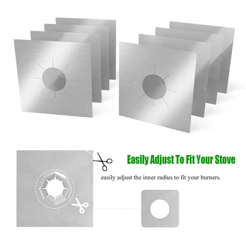 Double Thickness 0.3 mm Gas Stove Burner Liners 8 Pack Nonstick Reusable Stove Top Covers Cuttable 10.6 By 10.6 Inches Silver For Easy Clean No Mess Kitchen