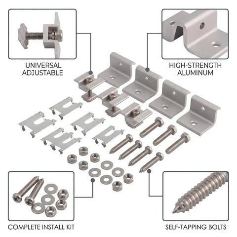 Heavy Duty Solar Panel Mid Clamp Fastener For PV Mounting System 8 Piece Set showing high-strength aluminum clips and installation hardware.