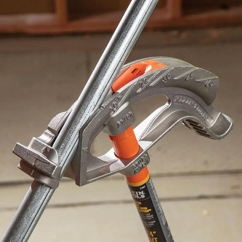 Aluminum Conduit Bender Full Assembly For 1/2-Inch EMT With Wide Foot Pedal in use, set for precise bends at various angles
