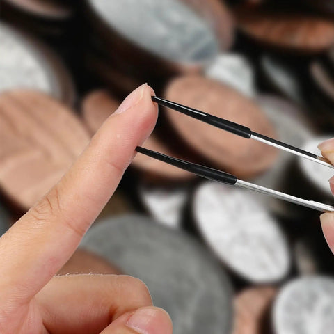 Using Two Piece Tweezers With Rubber Tips Set Bent And Straight Flat Tips PVC Coated No Mar Non Slip Grips for precise stamp handling.