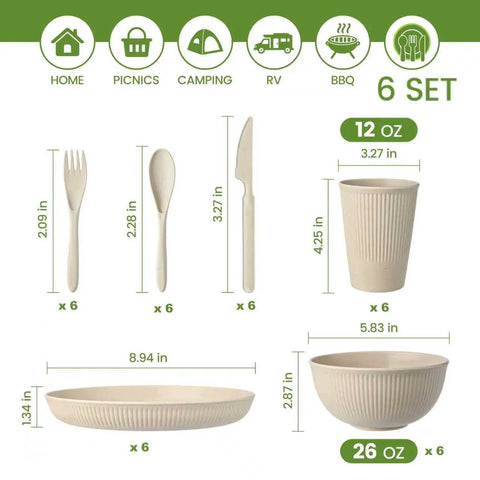 36 Piece Reusable Wheat Straw Dinnerware Set For Six With Plates, Bowls, Cups, And Utensils, Unbreakable, Dishwasher Safe, Microwave Safe