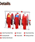 Front view of rugged heavy duty spool rack for one to five reels adjustable cable reel dispenser with labeled components.