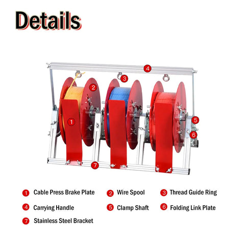 Front view of rugged heavy duty spool rack for one to five reels adjustable cable reel dispenser with labeled components.