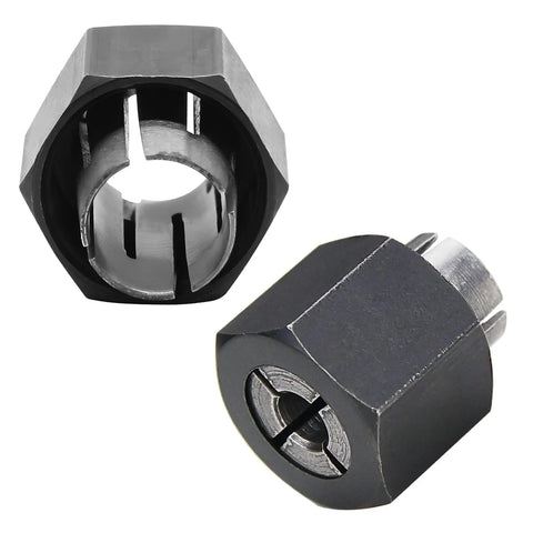 Two Pack 1/4 Inch And 1/2 Inch Router Collet Set Built To Work With 1613, 1613EVS, showing steel collets with hexagonal design.