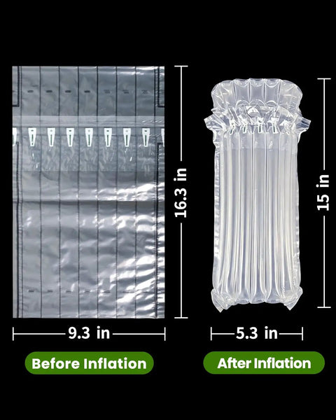 Wine Travel Protector Bags With Quick Inflation Sleeve And Bubble Wrap Bottle Cushioning Upgraded Air Pump Reusable Single Valve Durable Nine Layer Wrap For Long Trips Shipping Or Moving shown before and after inflation with dimensions.