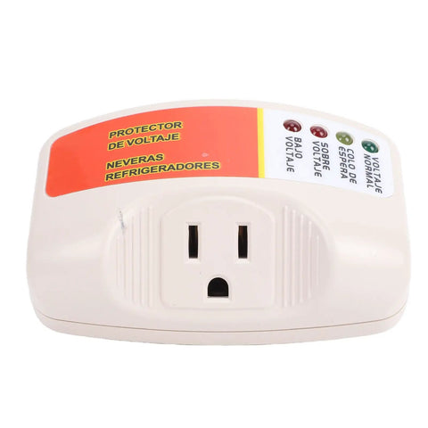 Heavy Duty Voltage Surge Protector For Home Appliances And Air Conditioners With A Durable Polycarbonate Body And Us Plug, top view showing indicator lights.