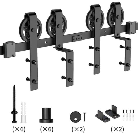 Beefy Carbon Steel Sliding Barn Door Track Kit For Low Ceiling Spaces, Bypass And Library Ladder Style Rollers, shown with parts