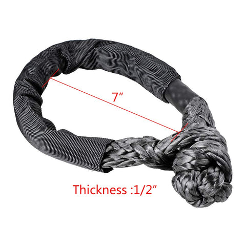 Close-up of Four Pack Beefy Synthetic Soft Shackle Rope Set With Protective Sleeve 38,000 Lb Capacity, 7-inch length, 1/2-inch thickness.