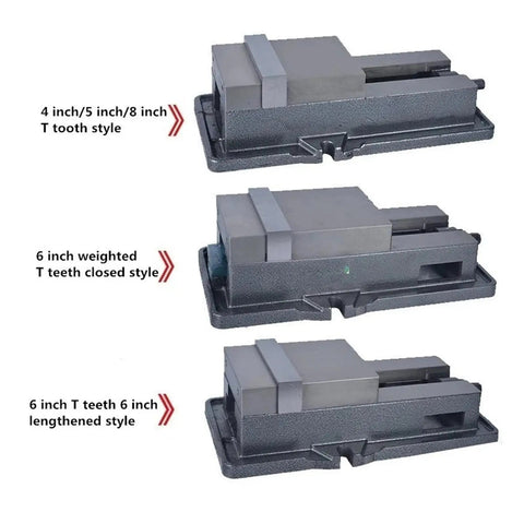 Heavy Duty Rotatable Milling Machine Bench Vice in 5, 6, Or 8 Inch Sizes showing T tooth styles for versatile applications.
