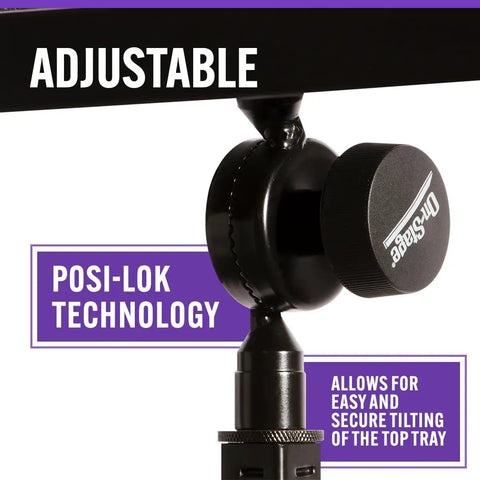 Close-up of posi-lok angle lock on keyboard stand tray accessory for 1 inch tubing fits gear with adjustable feature.