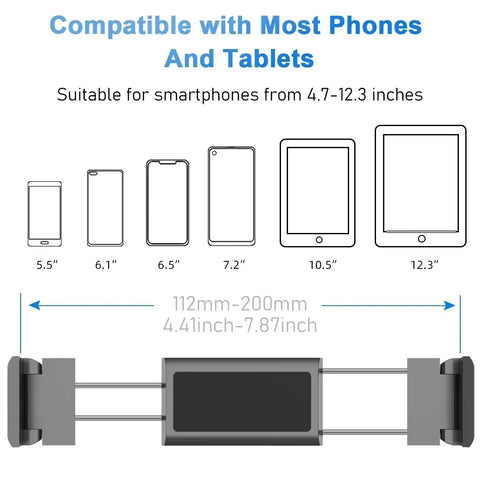Rugged Car Headrest Tablet Holder For Tesla Cybertruck Steady Adjustable Grip Fits Wide Screens, shows compatible sizes 4.7-12.3 inches.