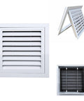 Solid Build Aluminum Louvered Access Panel Door With Built In Filter Grid And No Sweat Hinge Setup For Crisp Drywall Flush And Sweet Breeze Flow Measuring Eighteen By Twenty Four Inches, showing front, side, and inside view.