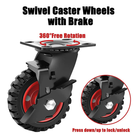Five Inch Heavy Duty Caster Wheels Set Of Four All Terrain Swivel Casters With Locking Brakes showing a close-up of swivel caster with brake