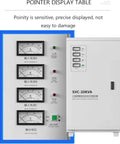 Pointer display table showing detailed input/output readings of Built Tough Heavy Duty Voltage Stabilizer 220V Single Phase Pure Copper Coil Surge Protection Power Conditioner 5000W.