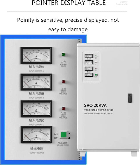 Pointer display table showing detailed input/output readings of Built Tough Heavy Duty Voltage Stabilizer 220V Single Phase Pure Copper Coil Surge Protection Power Conditioner 5000W.