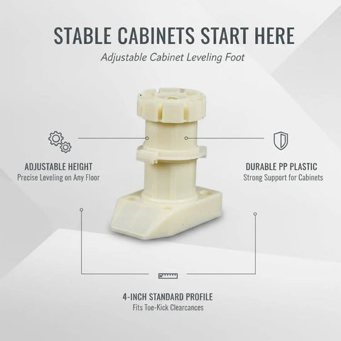 Durable PP Plastic Adjustable Cabinet Leveling Foot 4 Inch Furniture Leg for Kitchen and Bathroom Vanities on Display