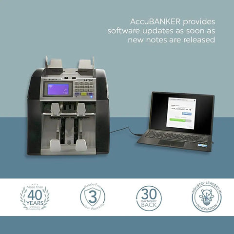 Multi Currency Bill Counter With Dual Pocket Sorter For USD And EUR Counts Mixed Denominations Money Counter Machine connected to laptop