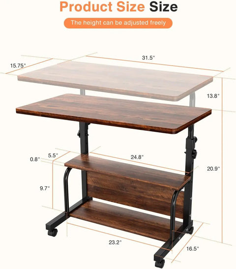 Portable Rolling Desk On Wheels With Adjustable Height, 32 Inch Computer Desk With Three Layer Storage Shelves, Rustic Home Office Table For Small Spaces
