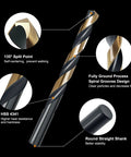 Close-up of Workhorse Cobalt Drill Bit with 135 Degree Tip, Black Gold Finish, highlighting spiral grooves and split point design.