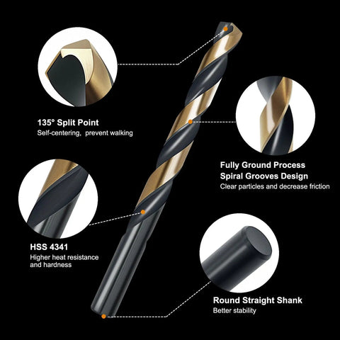 Close-up of Workhorse Cobalt Drill Bit with 135 Degree Tip, Black Gold Finish, highlighting spiral grooves and split point design.