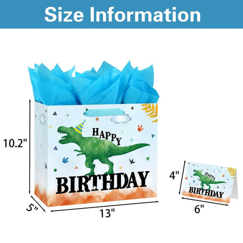 13 Inch Large Watercolor Dinosaur Birthday Gift Bag With Handles, Greeting Card And Tissue Paper, All In One Party Loot