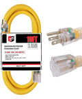 No Nonsense 10 Ft Extension Cord With Lighted End Triple Outlet 10 Gauge Pure Copper Wire Outdoor Rated 15 Amps Yellow SJTW uncoiled with plugs visible.