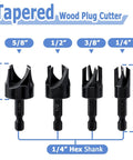 Flat Out Excellent Wood Plug Cutter Drill Bits Set With Quarter Inch Hex Shank tapered cutters 5/8, 1/2, 3/8, 1/4 inch sizes.