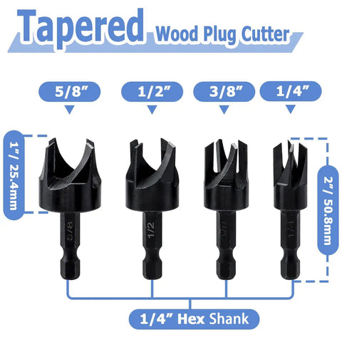 Flat Out Excellent Wood Plug Cutter Drill Bits Set With Quarter Inch Hex Shank tapered cutters 5/8, 1/2, 3/8, 1/4 inch sizes.