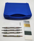 Pro Grade Hardness Test Kit With Four Stainless Steel Pens Dual End Nibs 2 3 4 5 6 7 8 9 Scale In Storage Box For Mineral Glass Tile And Concrete Coatings Scratch Testing, blue case