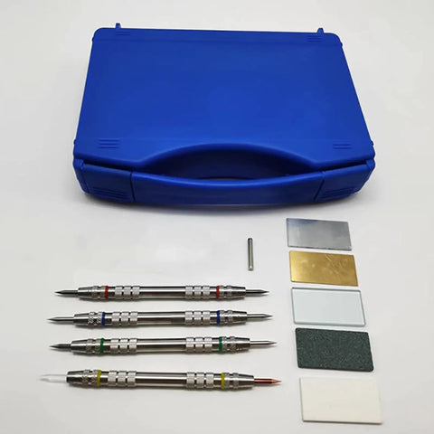 Pro Grade Hardness Test Kit With Four Stainless Steel Pens Dual End Nibs 2 3 4 5 6 7 8 9 Scale In Storage Box For Mineral Glass Tile And Concrete Coatings Scratch Testing, blue case