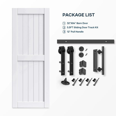 32 By 84 Inch White Barn Door With Five And A Half Foot Sliding Door Hardware Kit Included And Handle Solid Wood Covered With Waterproof PVC Surface Easy DIY Assembly And Install H Frame Fits Twenty Eight To Thirty Inch Wide Opening package contents